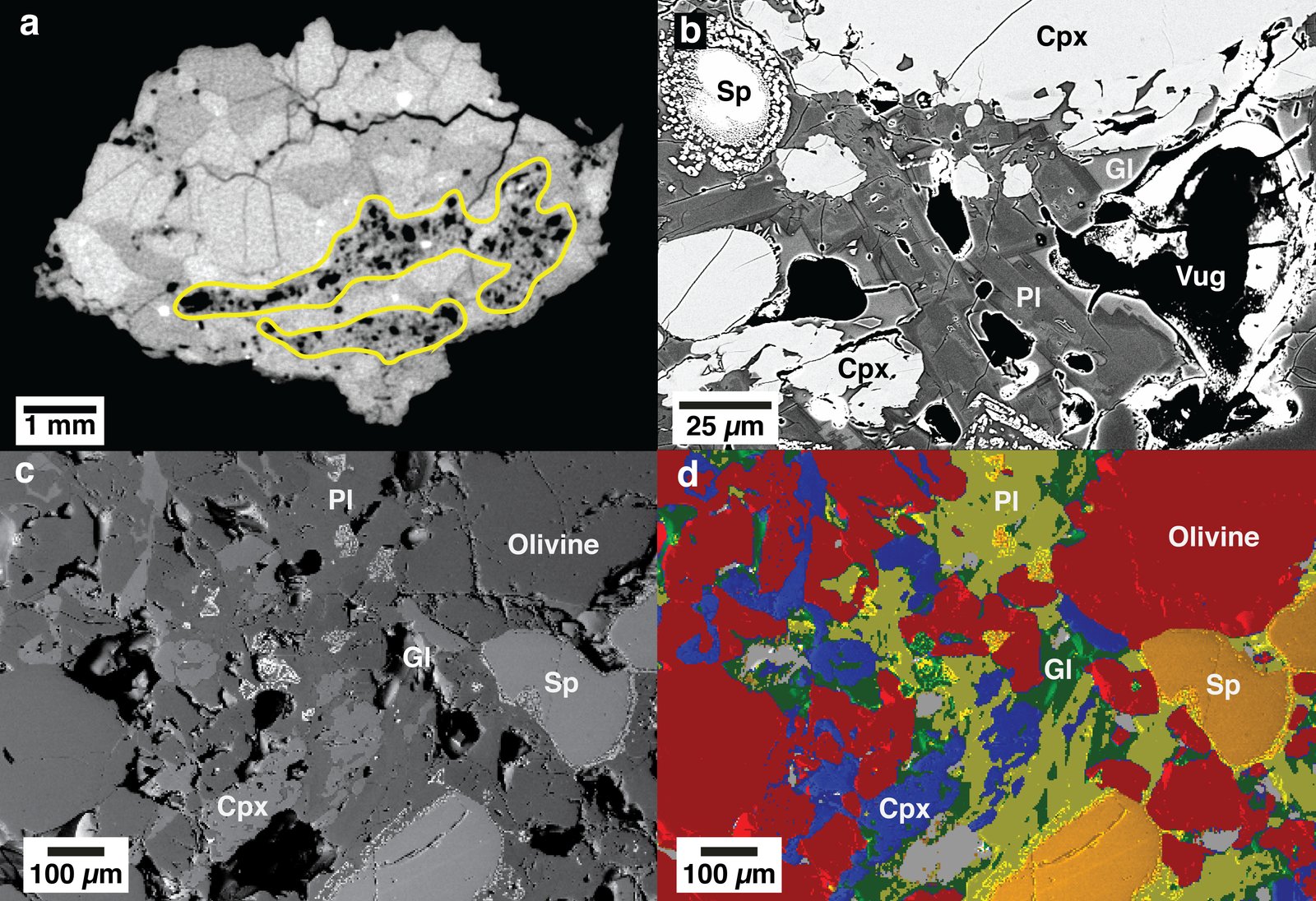 Four panels: a grey micro-CT slice with melt veins outlined in yellow, two backscattered electron images, and a false-color element map of minerals in a melt vein